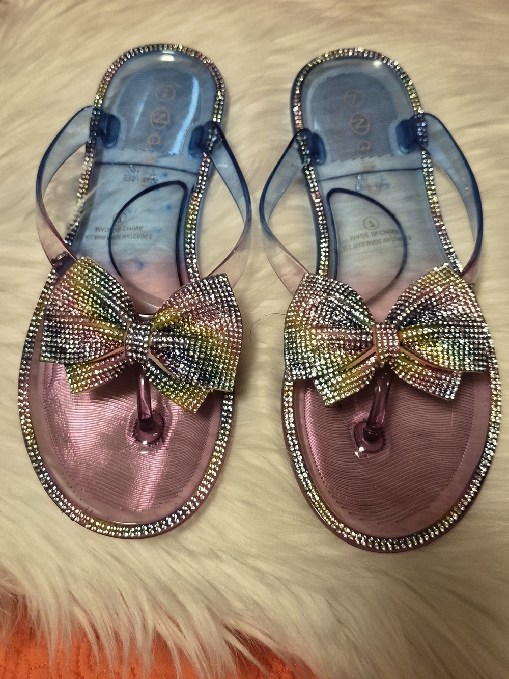 Women's Pink Jelly Bow Thong Sandals with Rainbow Crystal Accent